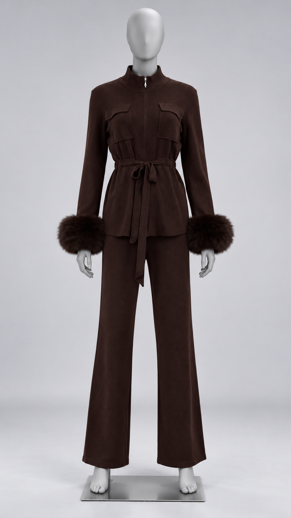 Solveig Tie-Waist Fur Set — Dark coffee mannequin front
