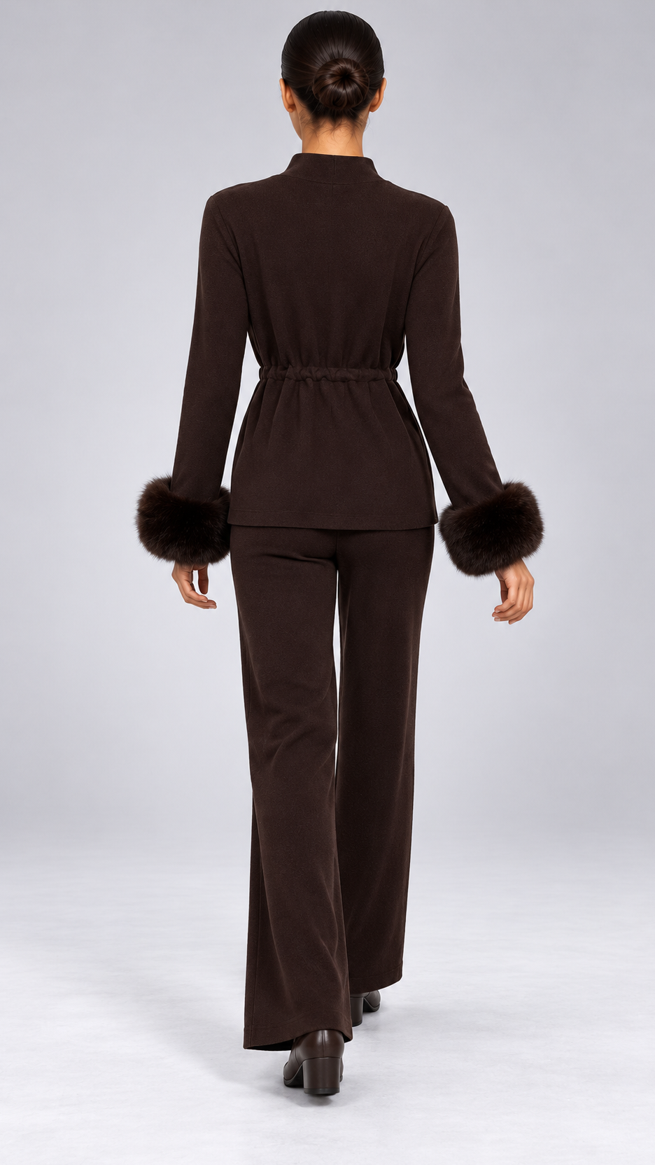 Solveig Tie-Waist Fur Set — Dark coffee model back