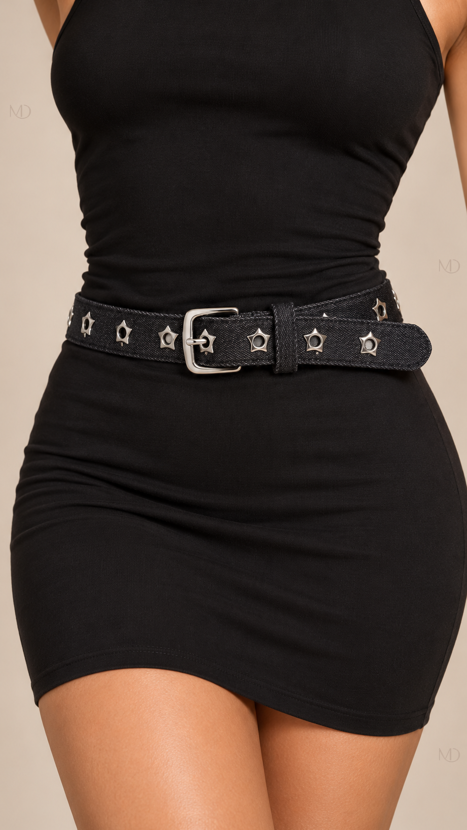 Cosima Star-Rivet Belt — Dark Denim worn closeup