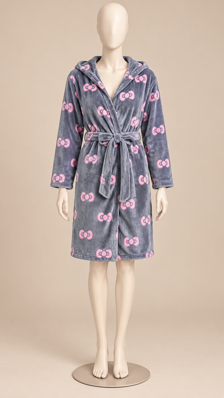 Rosamund Hooded Robe — Dark Gray Bow mannequin front