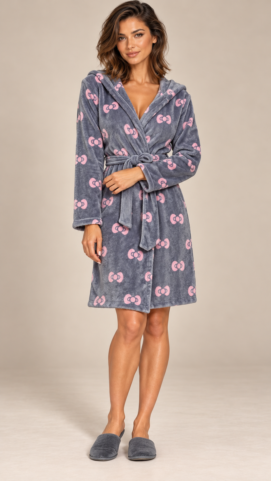 Rosamund Hooded Robe — Dark Gray Bow model front