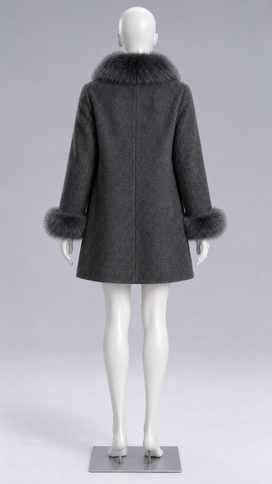 Sabine Fox-Cuff Wool Coat — Dark Gray mannequin back