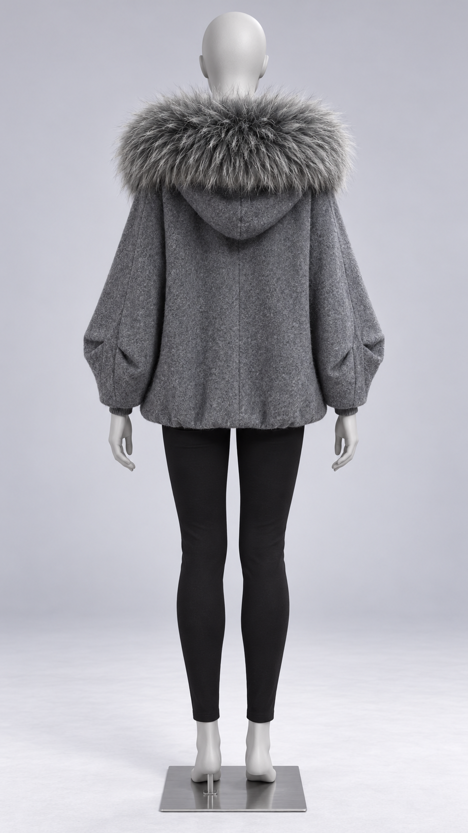 Marianne Raccoon-Hood Down Jacket — Dark Gray mannequin back