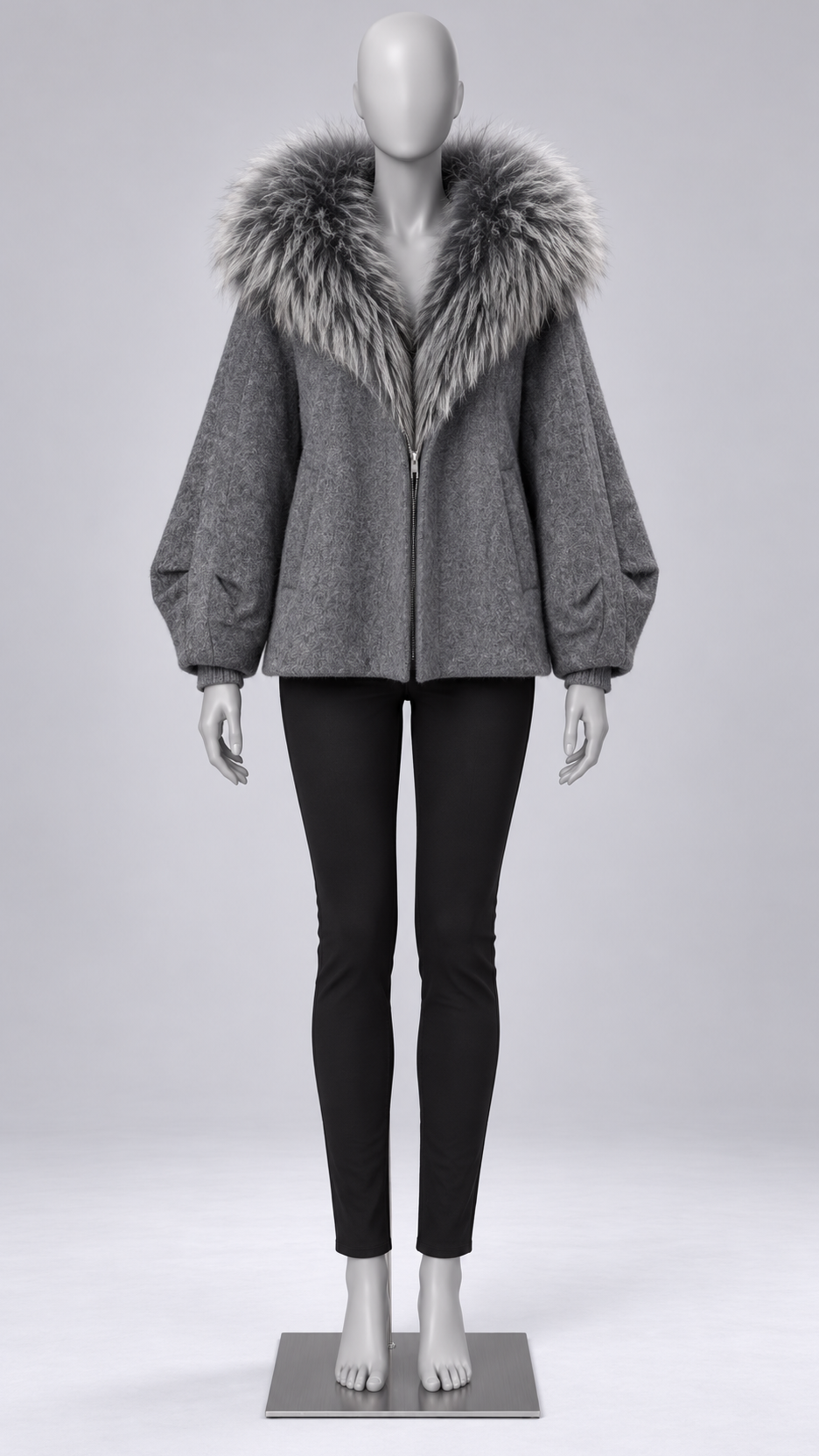 Marianne Raccoon-Hood Down Jacket — Dark Gray mannequin front