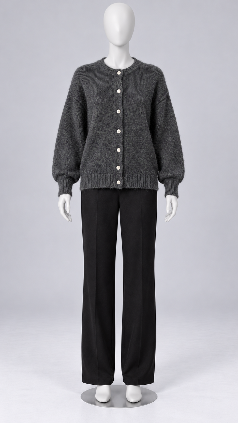 Celestine Shell-Button Cardigan — Dark Gray mannequin front
