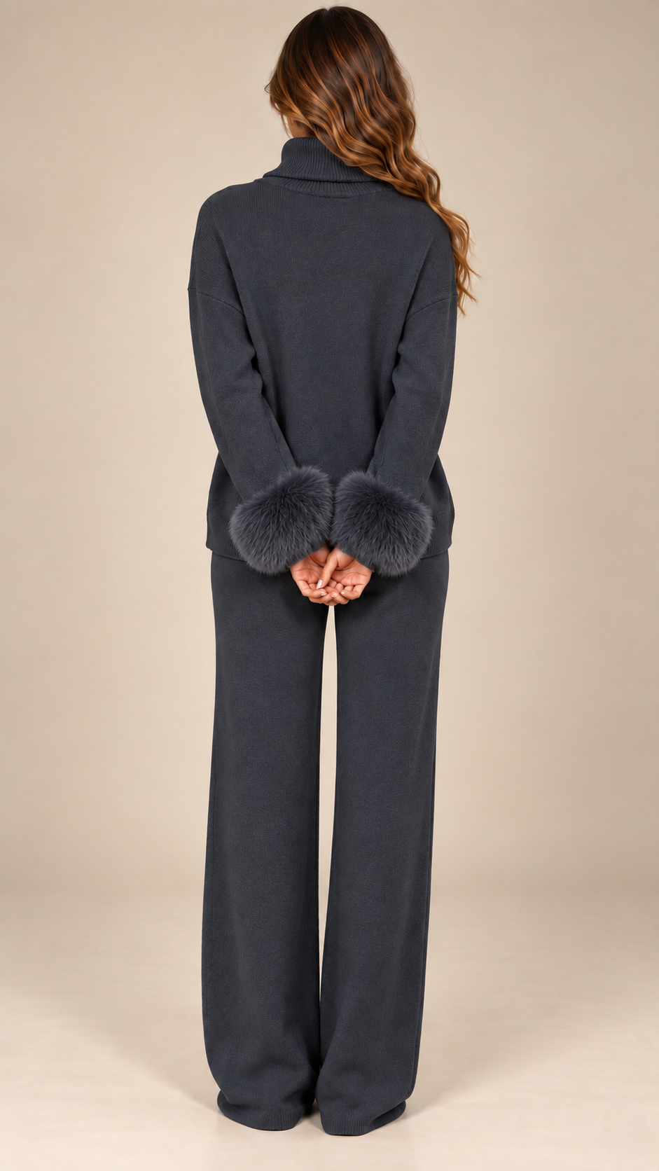 Noor Fur-Pom Knit Set — Dark Gray model back