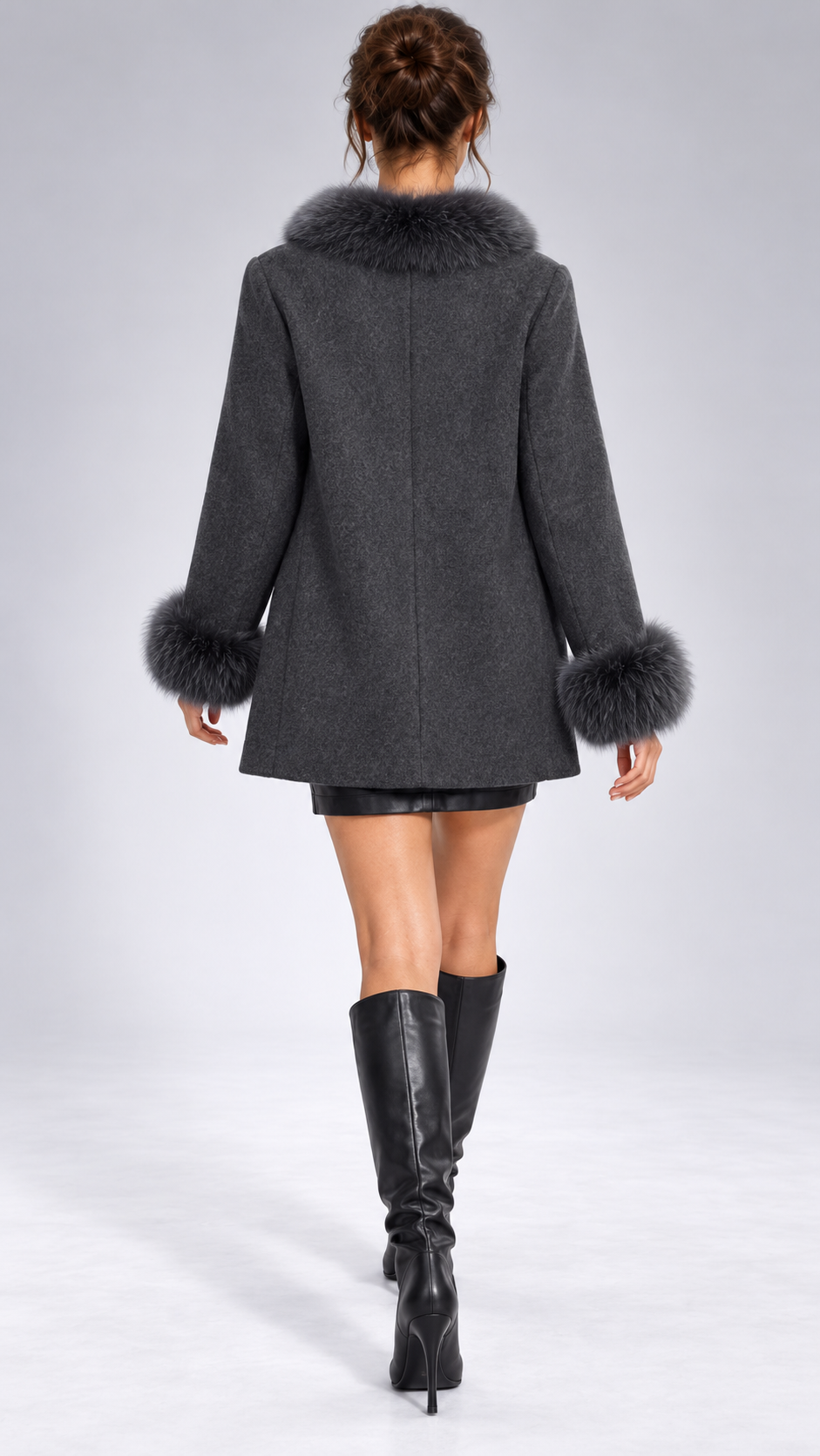 Sabine Fox-Cuff Wool Coat — Dark Gray model back