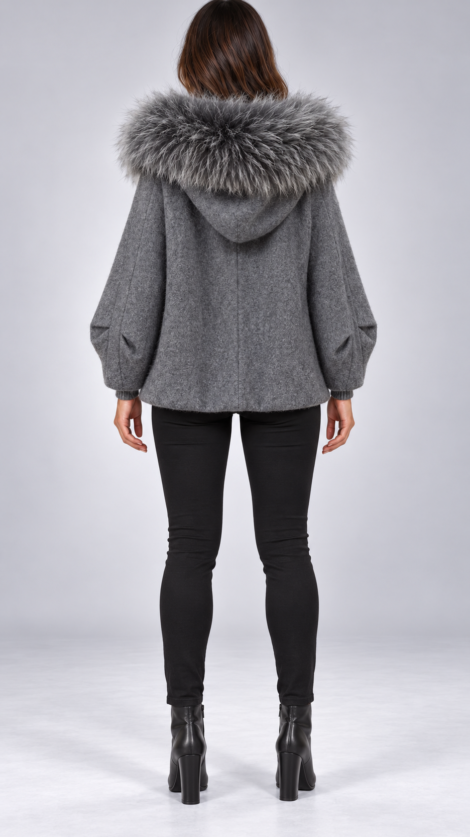 Marianne Raccoon-Hood Down Jacket — Dark Gray model back