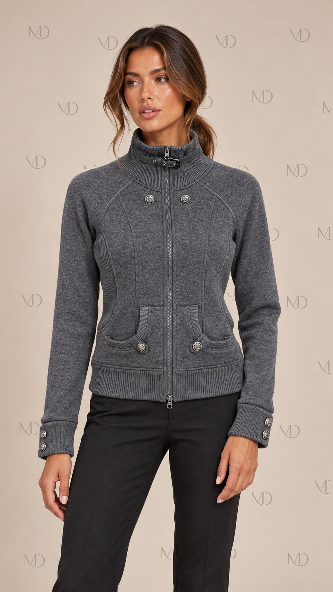 Yuzu Studded Fleece Zip Jacket — Dark Gray model front