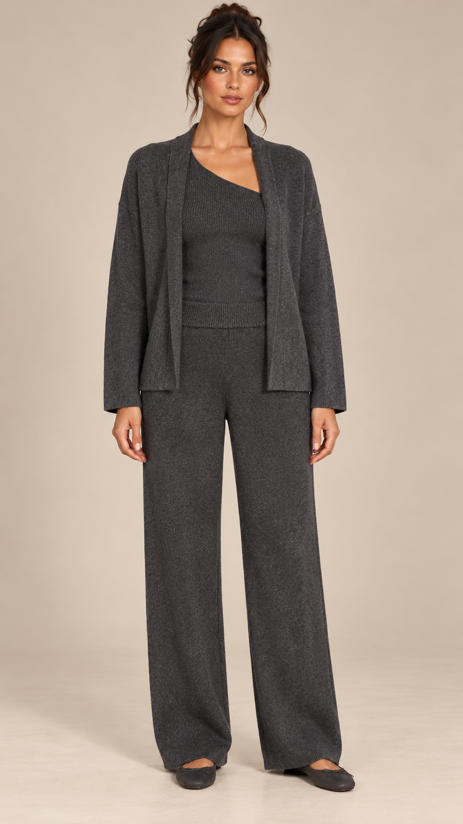 Gwenllian One-Shoulder Knit Set — Dark Gray model front