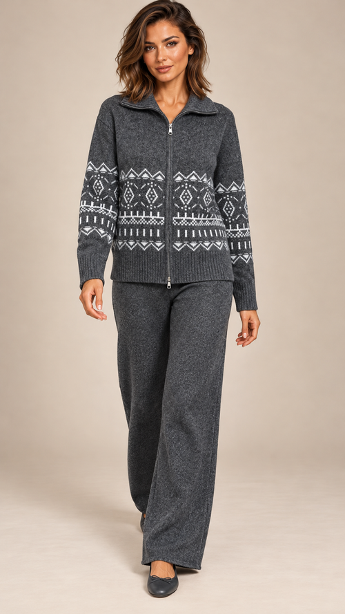 Ingeline Fair Isle Knit Set — Dark Gray model front