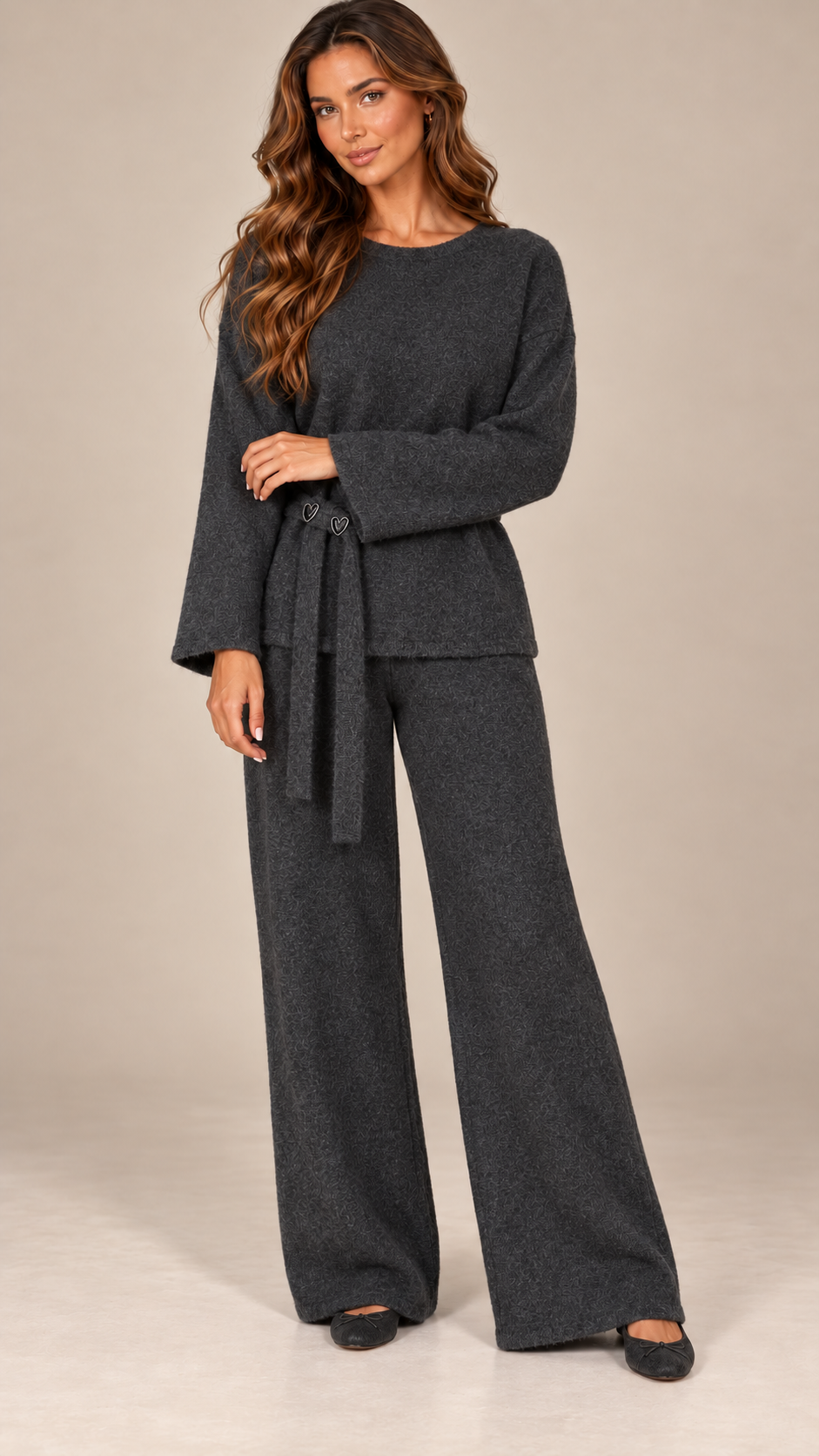 Imogen Belted Knit Set — Dark Gray model front