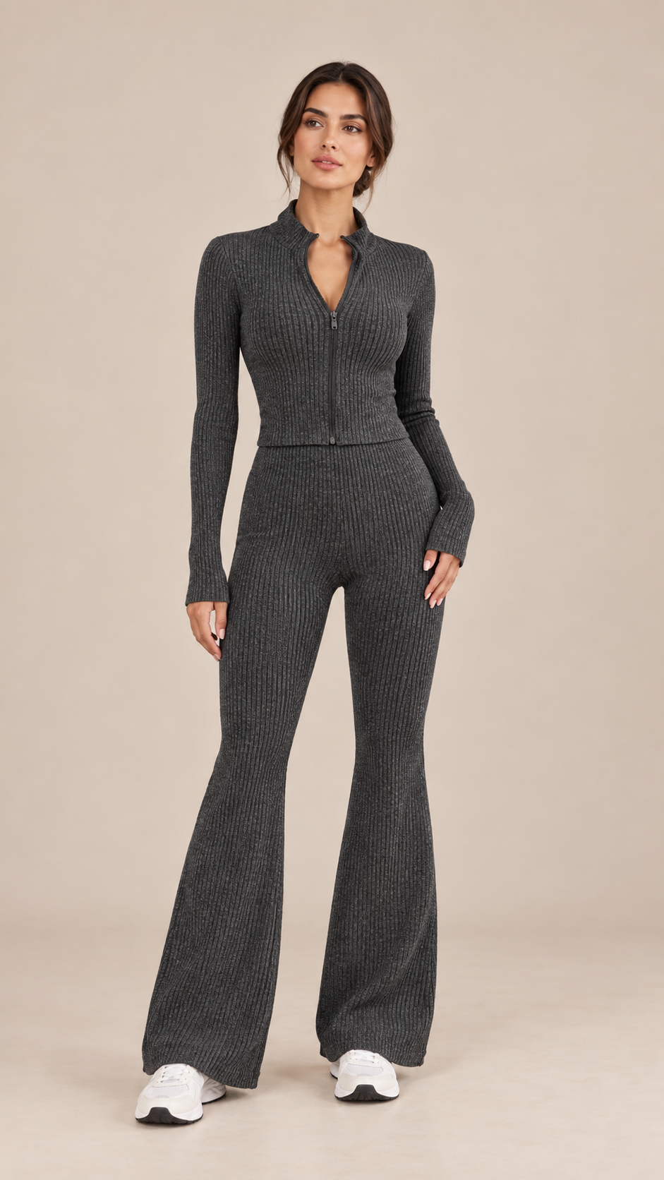 Nova Ribbed Flare Yoga Set — Dark Gray model front