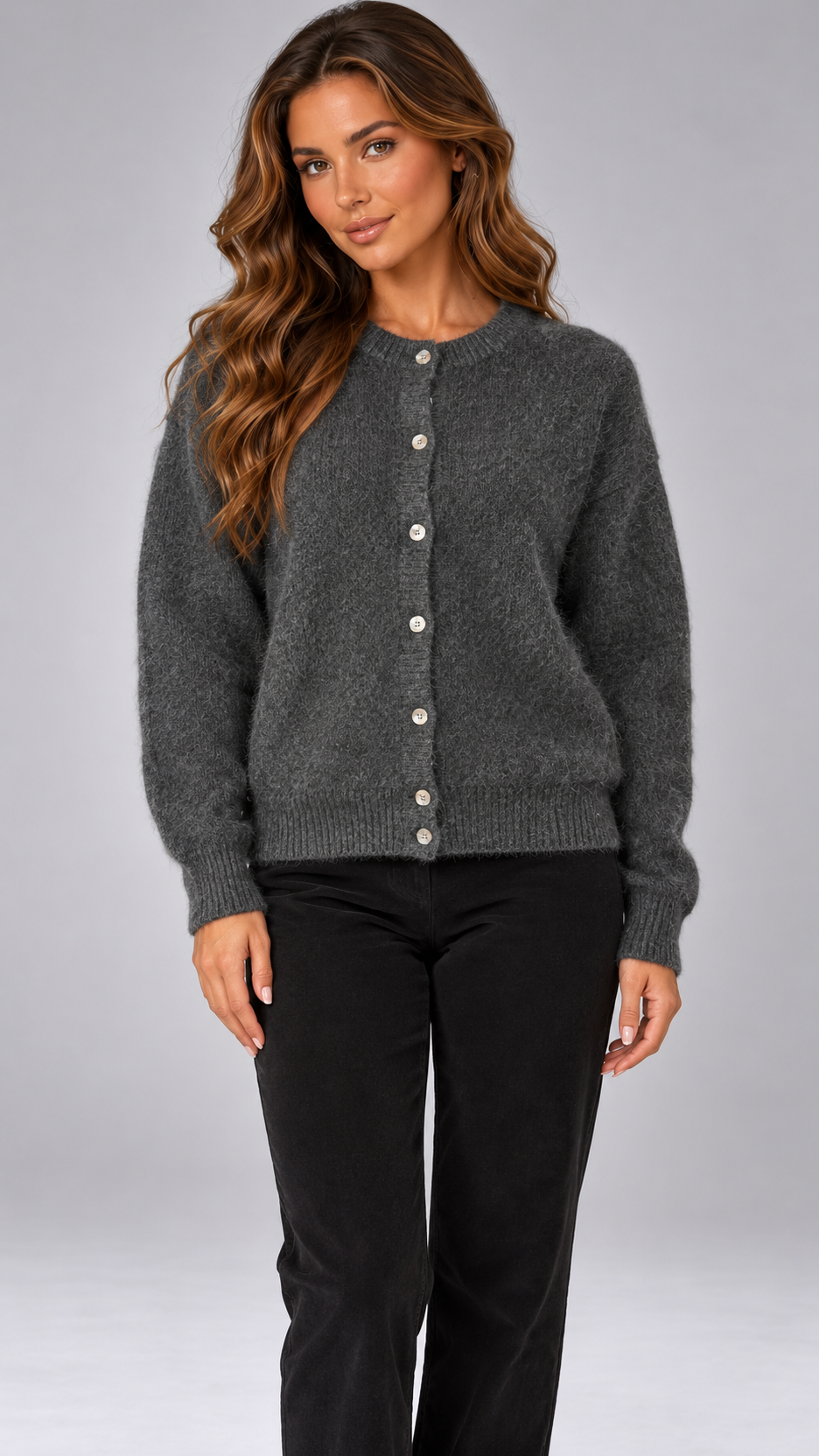 Celestine Shell-Button Cardigan — Dark Gray model front