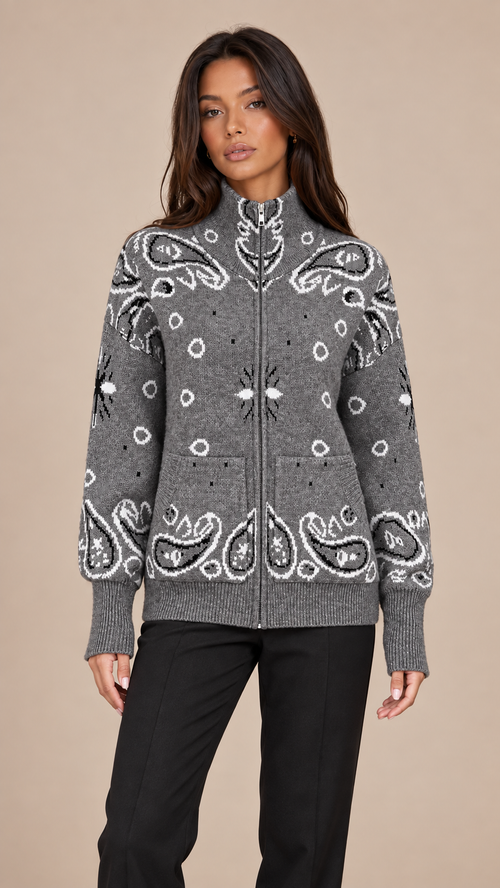 Sienna Paisley Zip Cardigan — Dark Gray model front