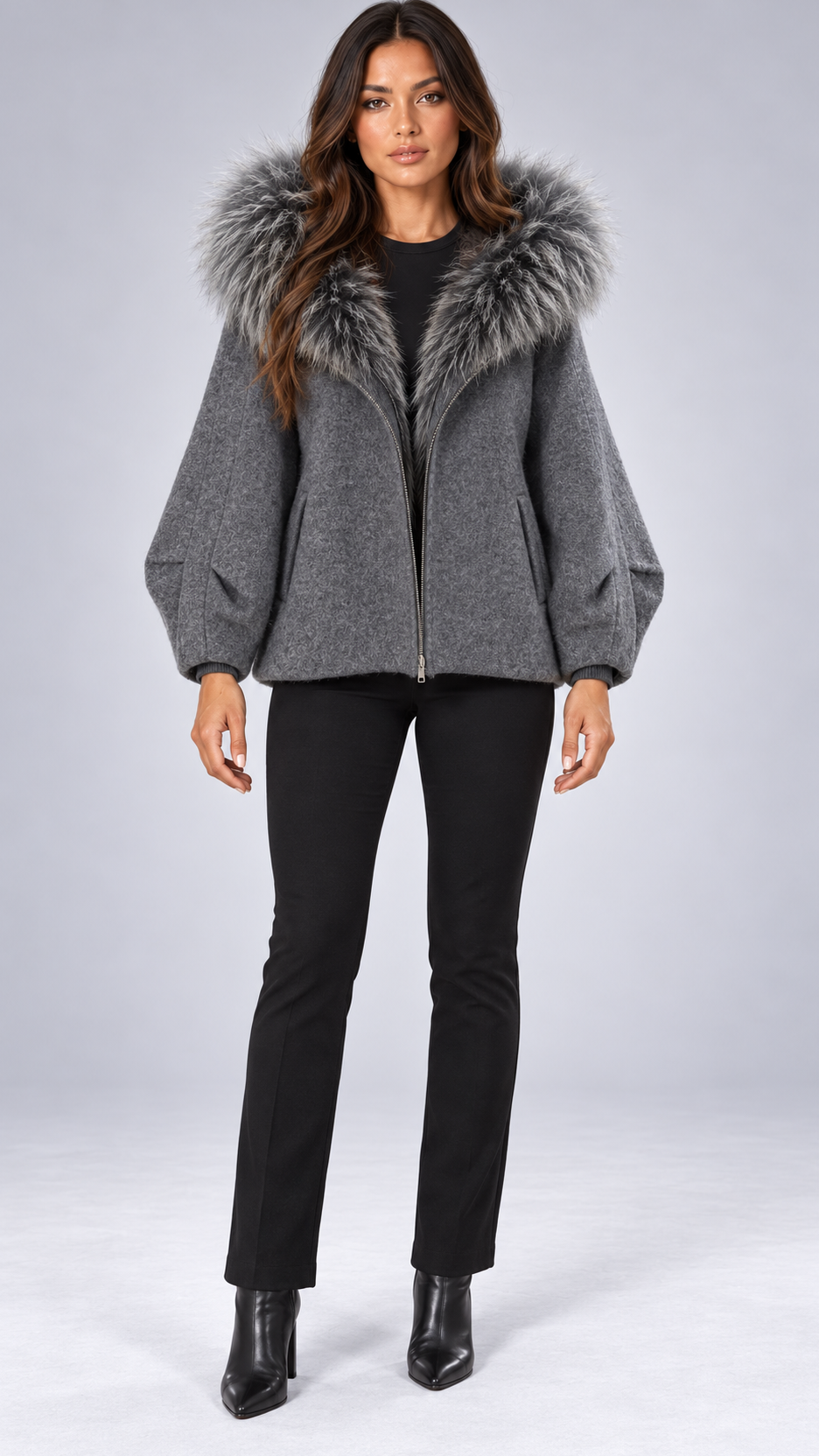Marianne Raccoon-Hood Down Jacket — Dark Gray model front