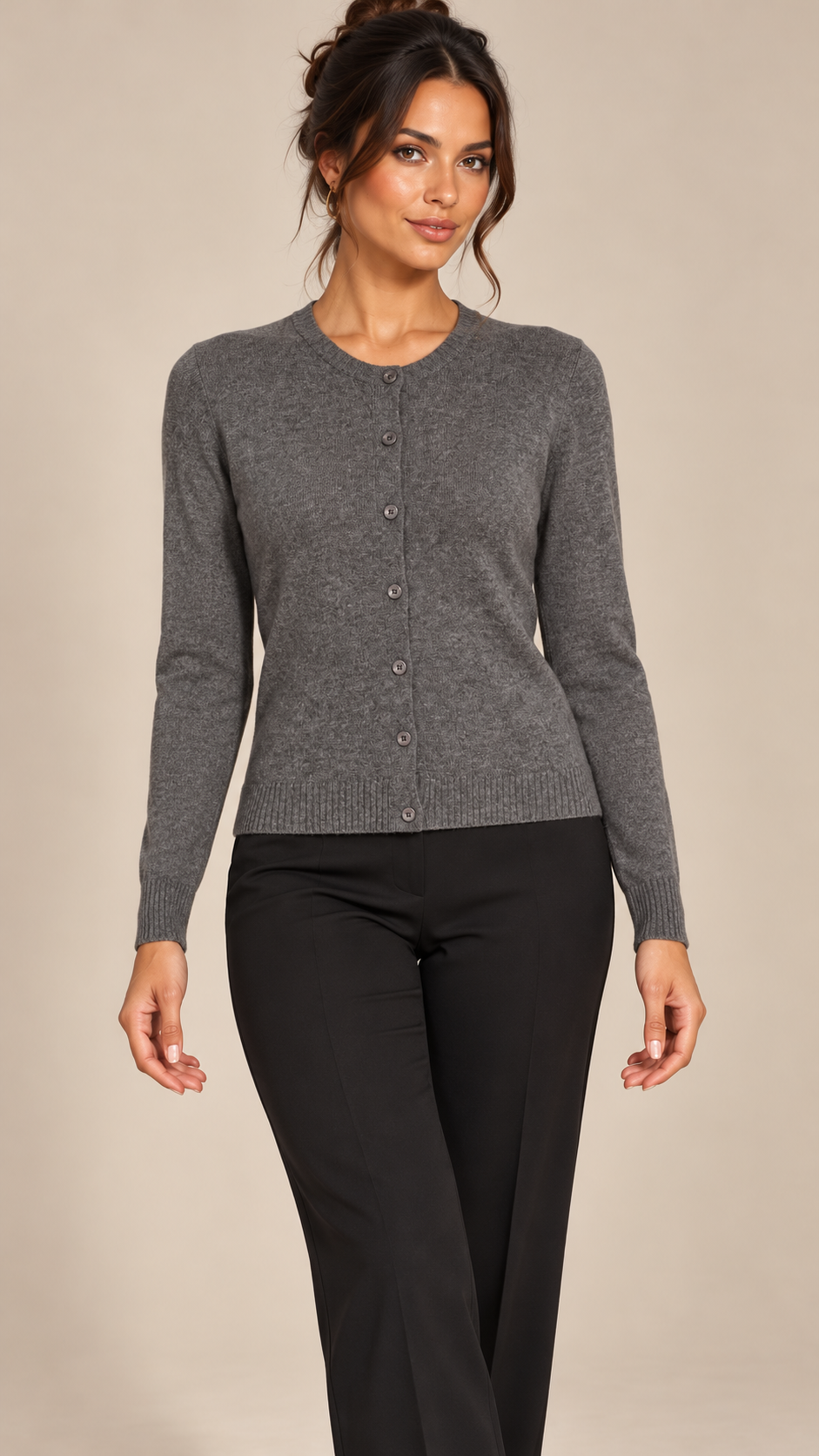 Hedda Crewneck Cardigan — Dark Gray model front