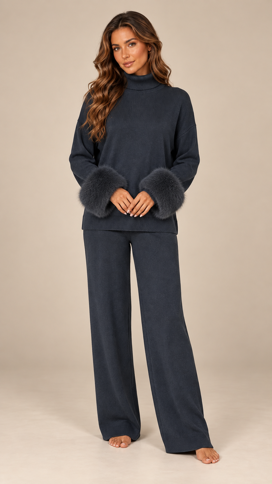 Noor Fur-Pom Knit Set — Dark Gray model front