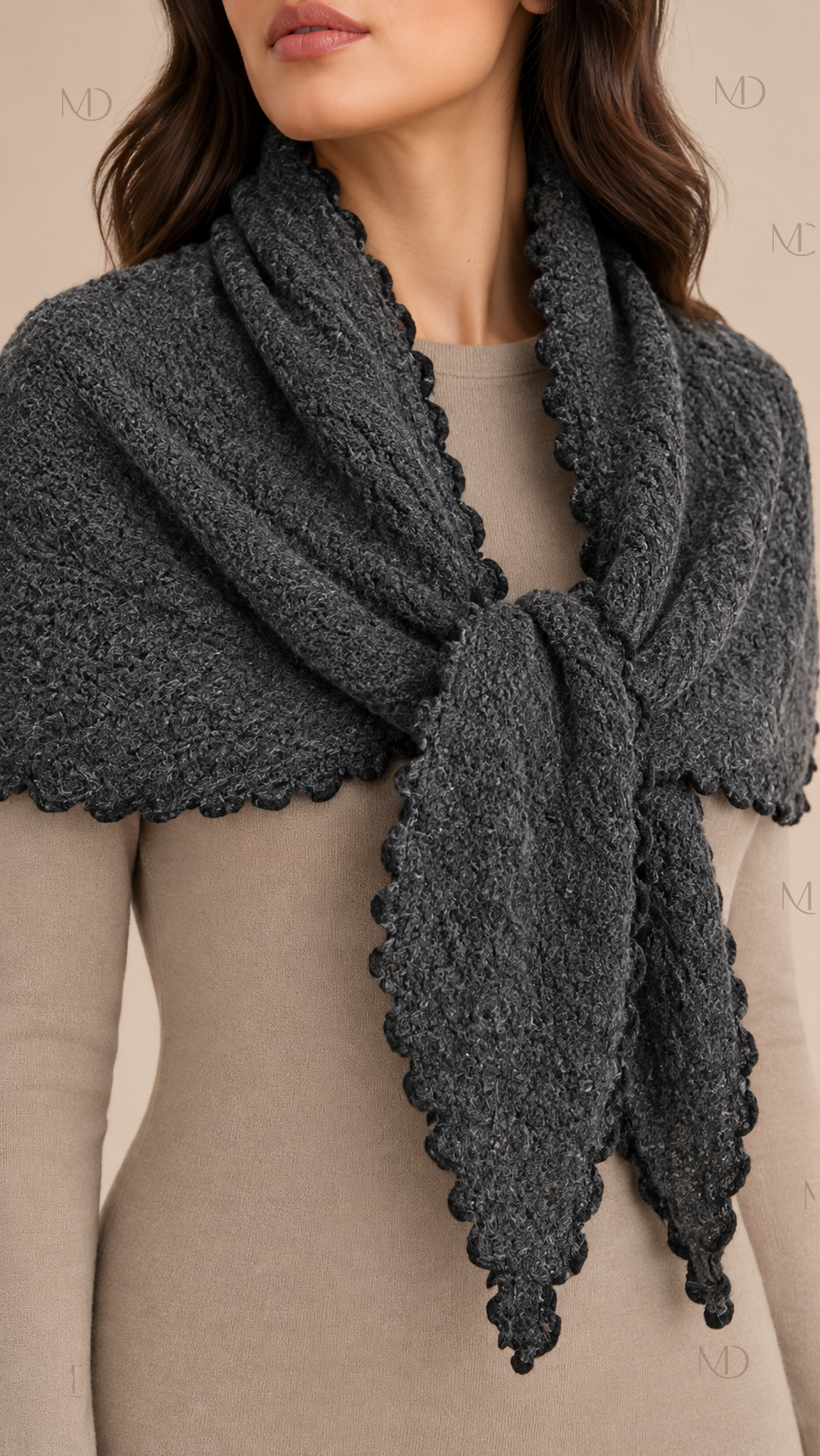 Elowen Pointelle Triangle Scarf — Dark Gray worn closeup