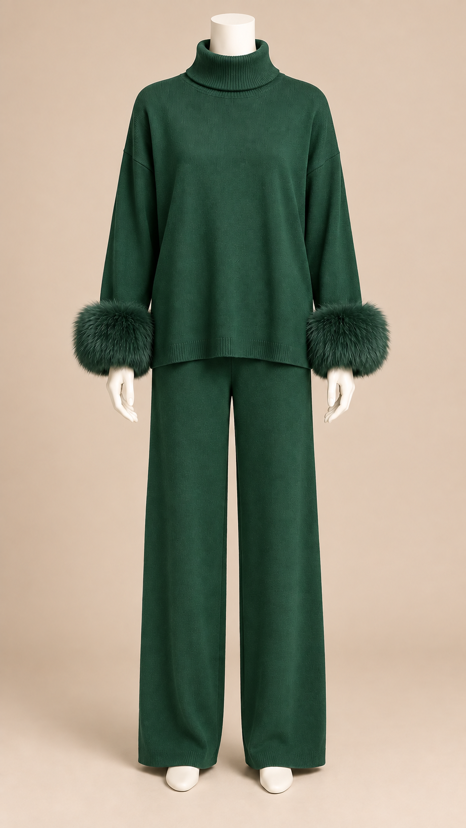Noor Fur-Pom Knit Set — Dark Green mannequin front