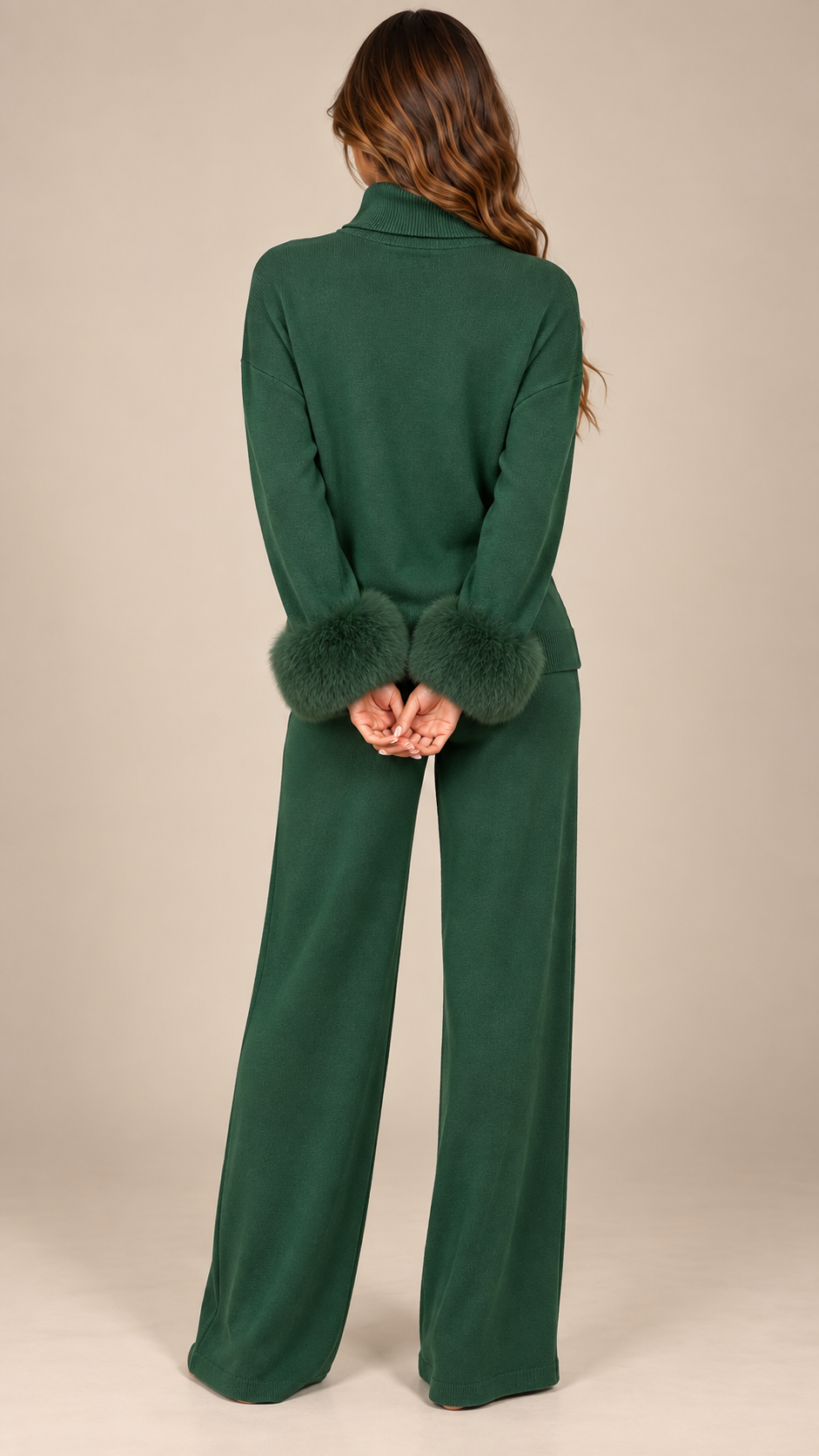 Noor Fur-Pom Knit Set — Dark Green model back