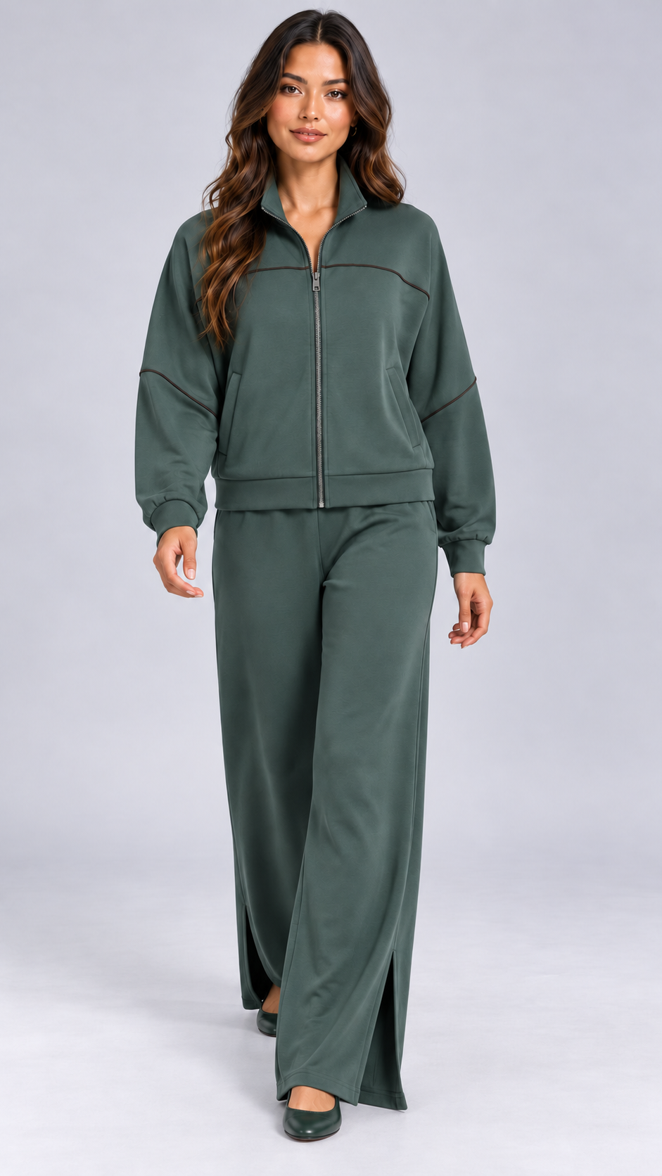 Henna Split-Hem Lounge Set — Dark Green model front