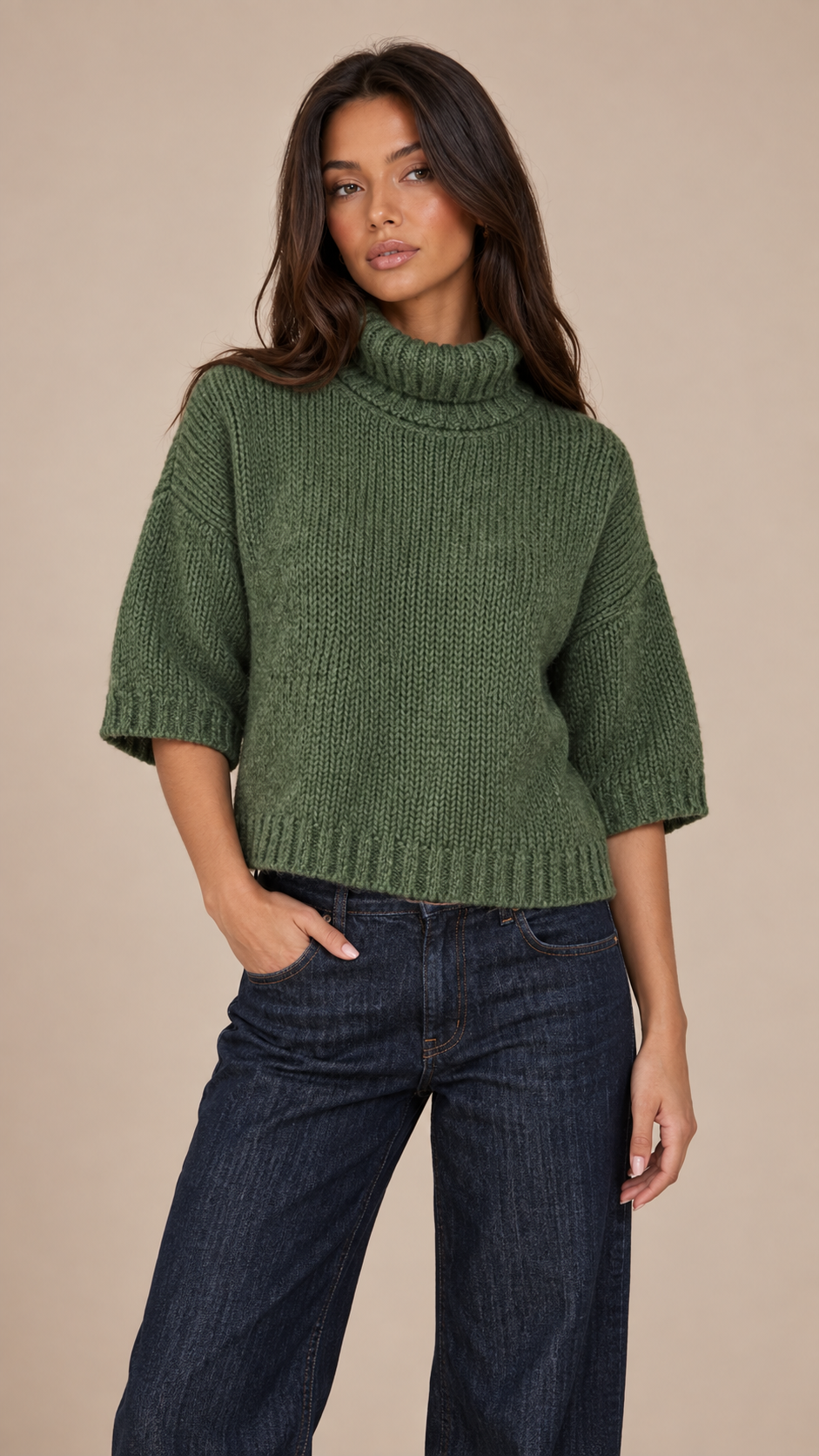 Rowan Chunky Turtleneck — Dark Green model front