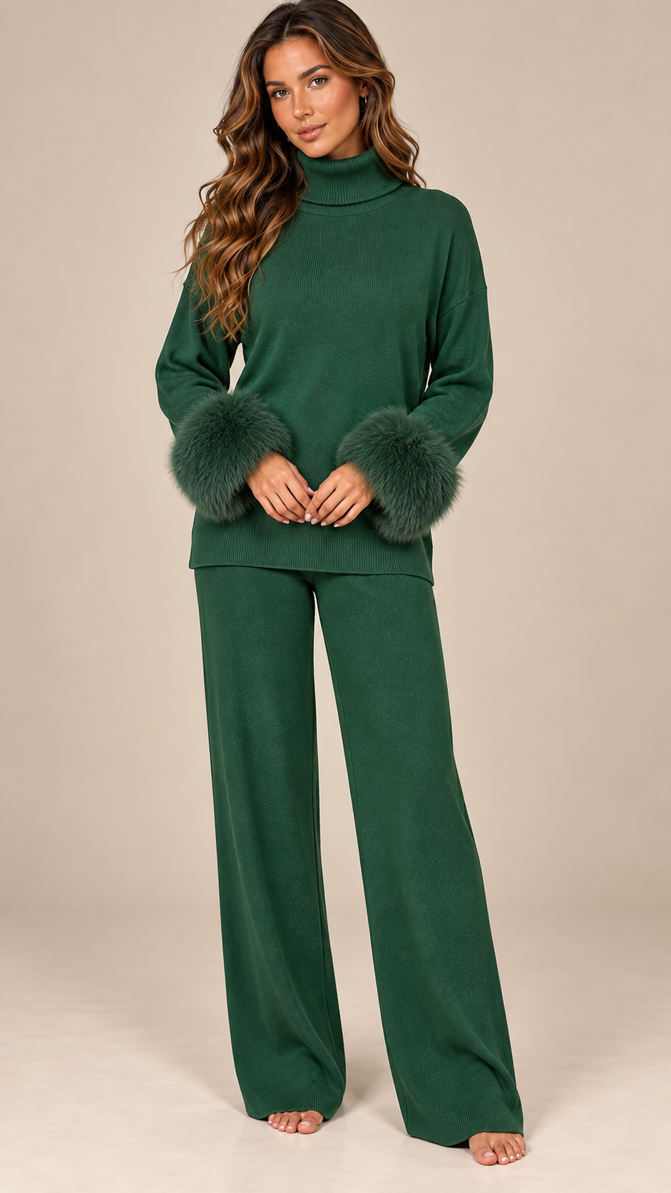 Noor Fur-Pom Knit Set — Dark Green model front