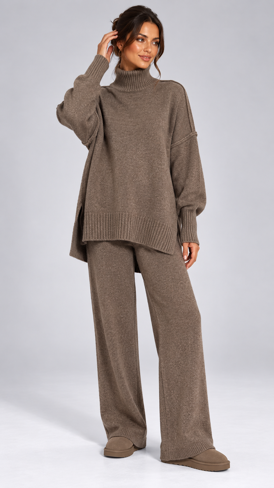 Iolanthe Split-Hem Knit Set — Dark Khaki model front