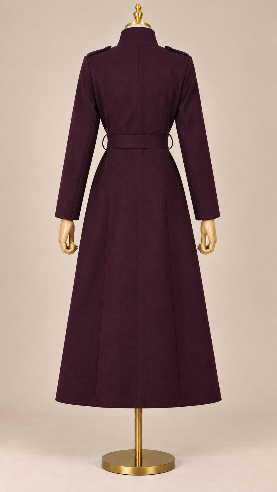 Vesper Belted Trench Coat — Dark purple mannequin back