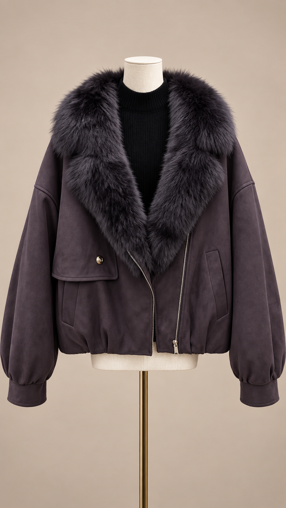 Ines Fox Fur Moto Jacket — Dark purple mannequin front