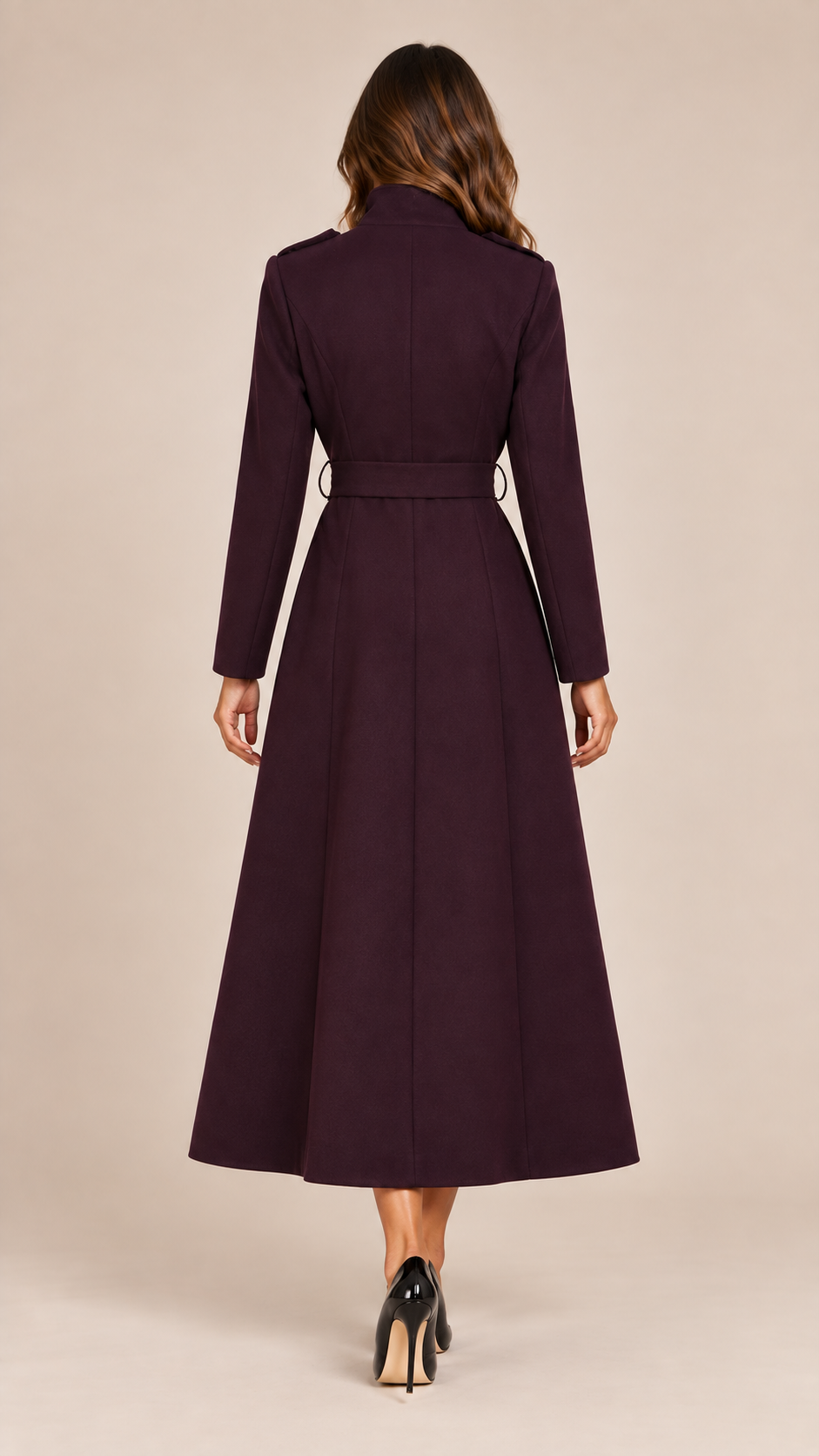 Vesper Belted Trench Coat — Dark purple model back