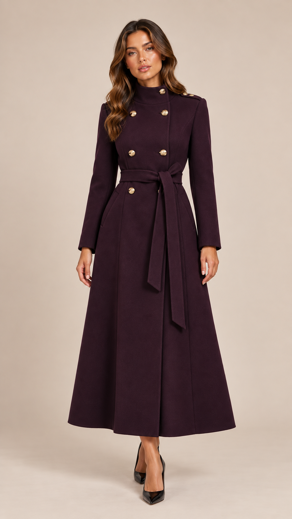 Vesper Belted Trench Coat — Dark purple model front
