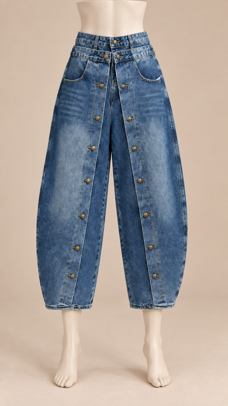 Marlowe Buttoned Barrel Jeans — Denim Blue mannequin front