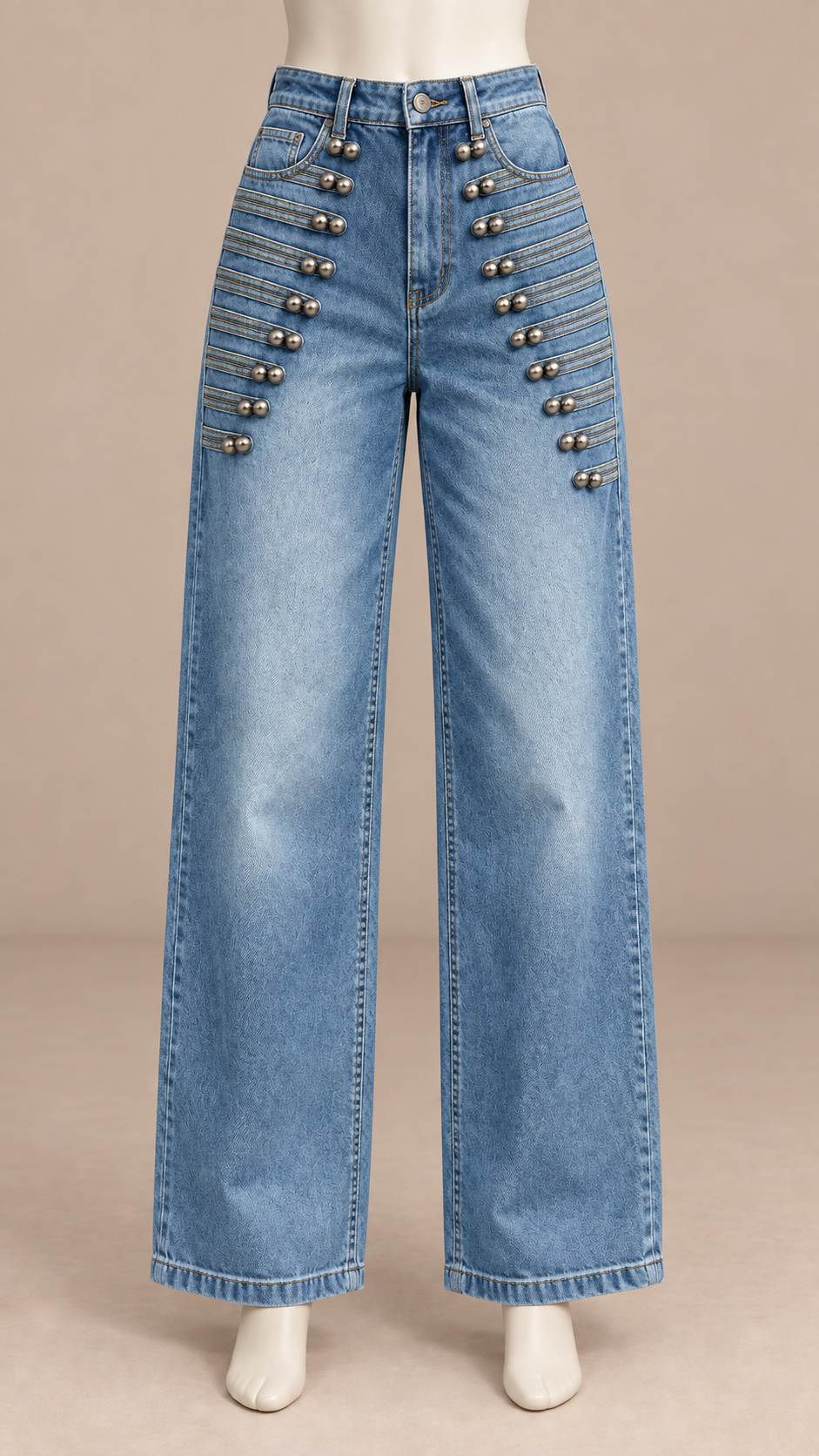 Elowen Studded Wide Jeans — Denim Blue mannequin front