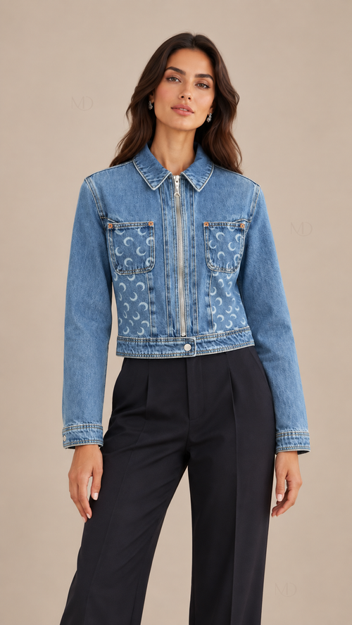 Luna Crescent Denim Jacket — Denim Blue model front