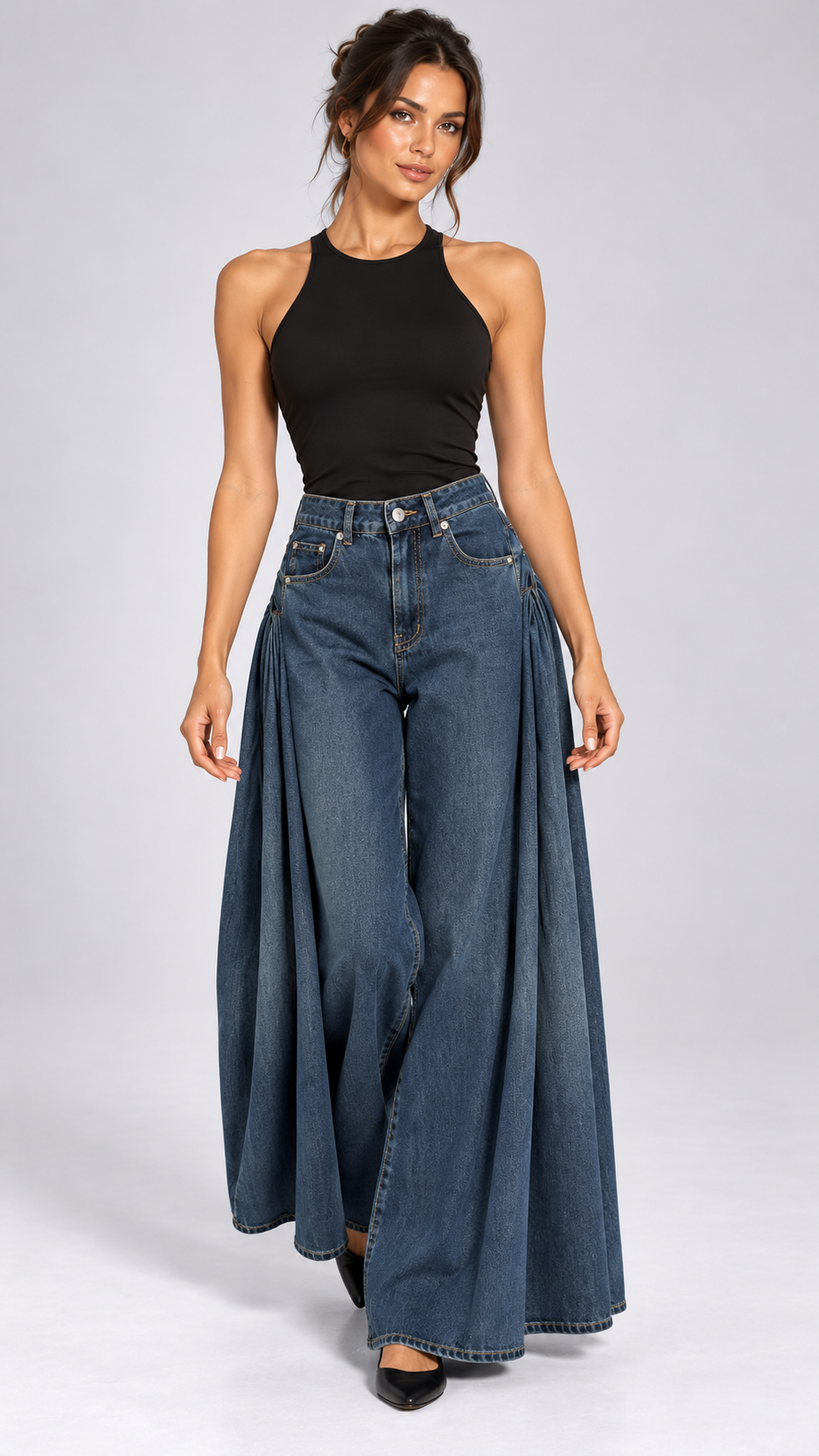 Perdita Side-Pleat Jeans — Denim Blue model front