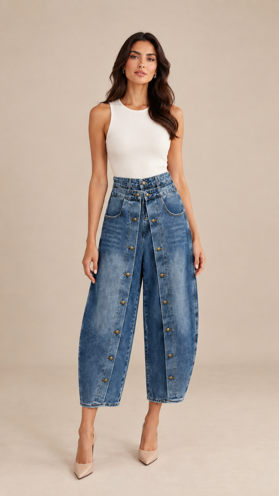 Marlowe Buttoned Barrel Jeans — Denim Blue model front