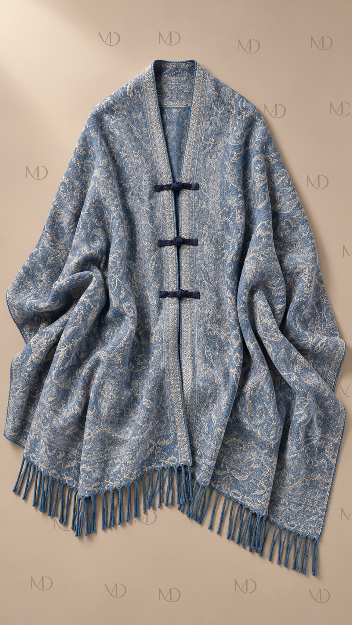 Meiling Paisley Frog-Button Shawl — Denim Blue product only
