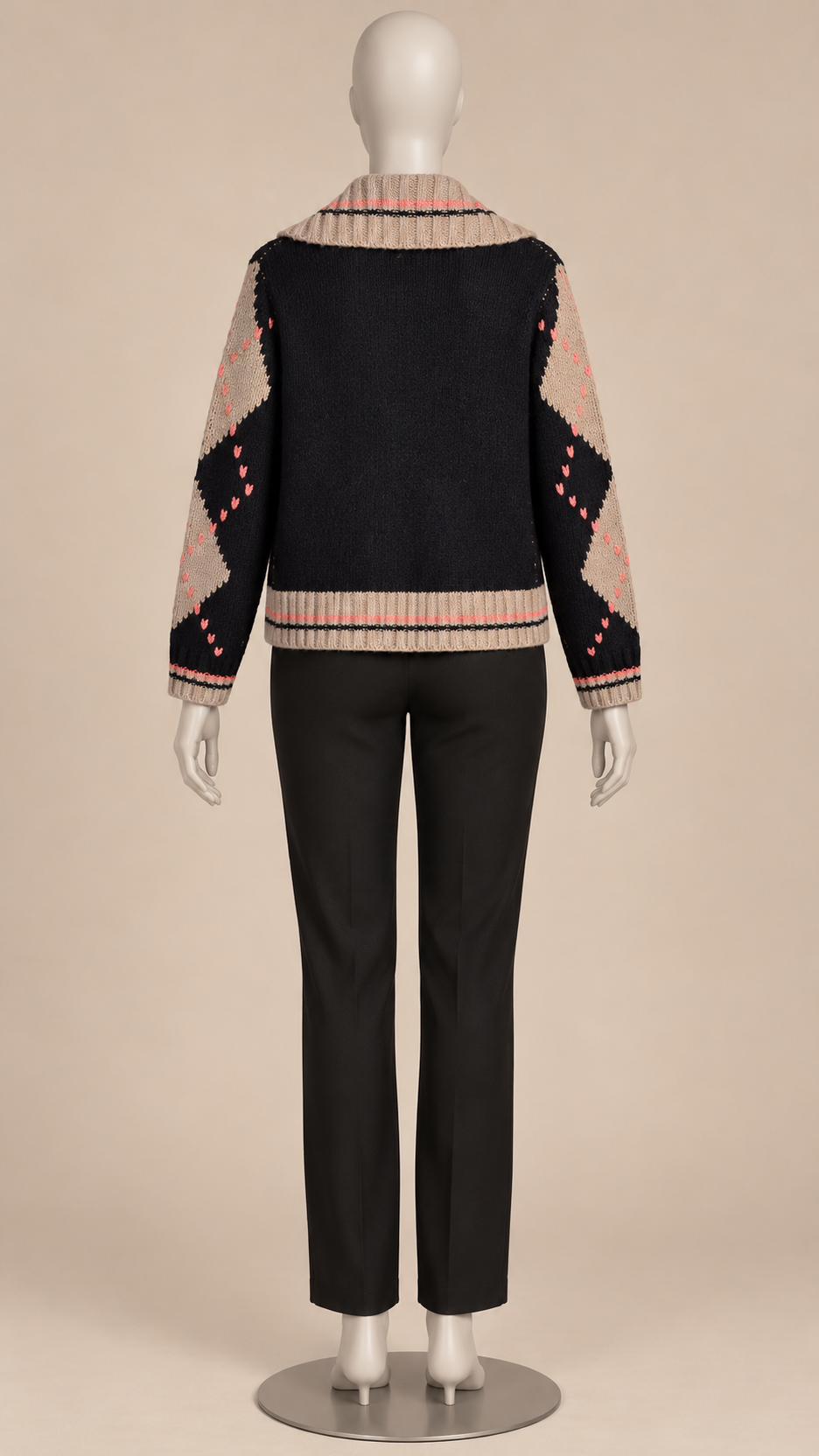 Isadora Argyle Zip Cardigan — Diamond pattern mannequin back