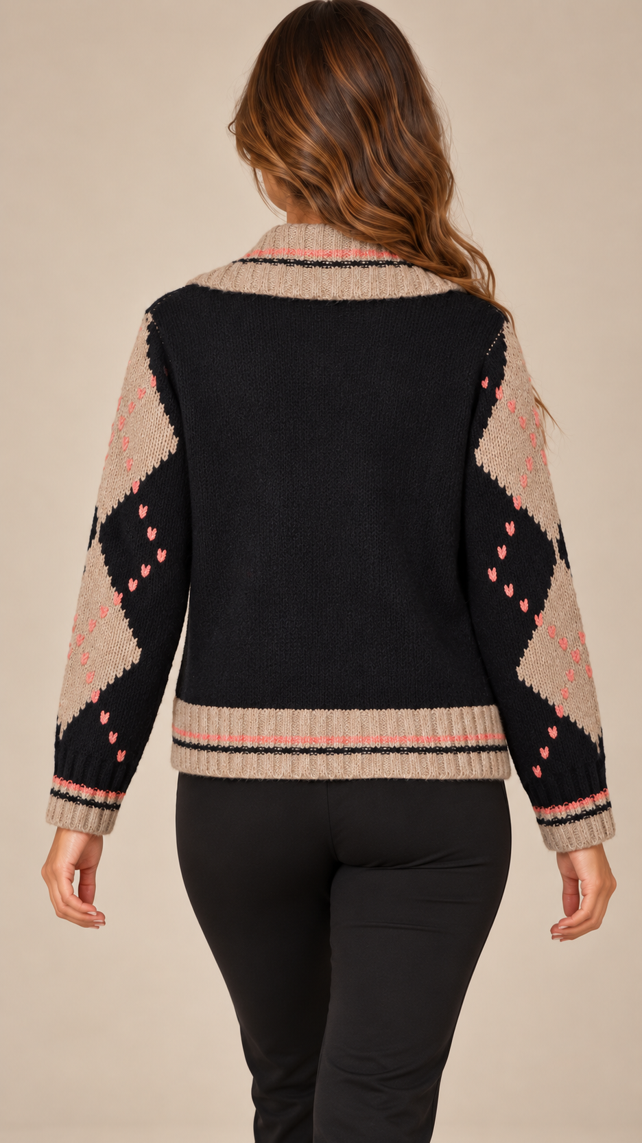 Isadora Argyle Zip Cardigan — Diamond pattern model back