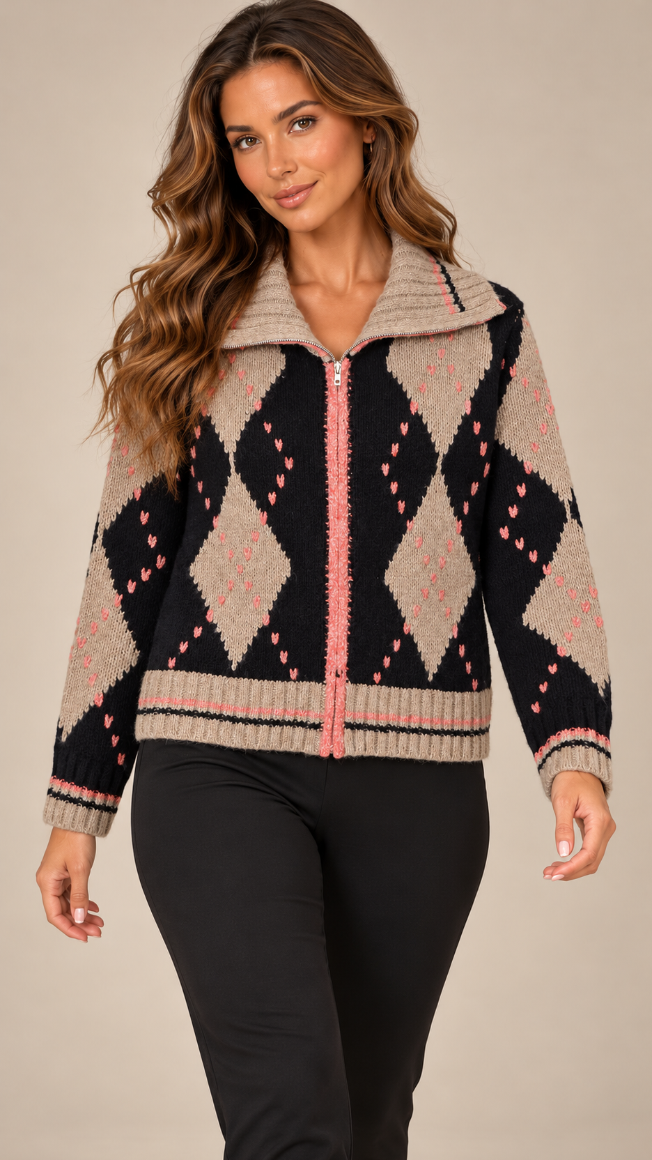 Isadora Argyle Zip Cardigan — Diamond pattern model front