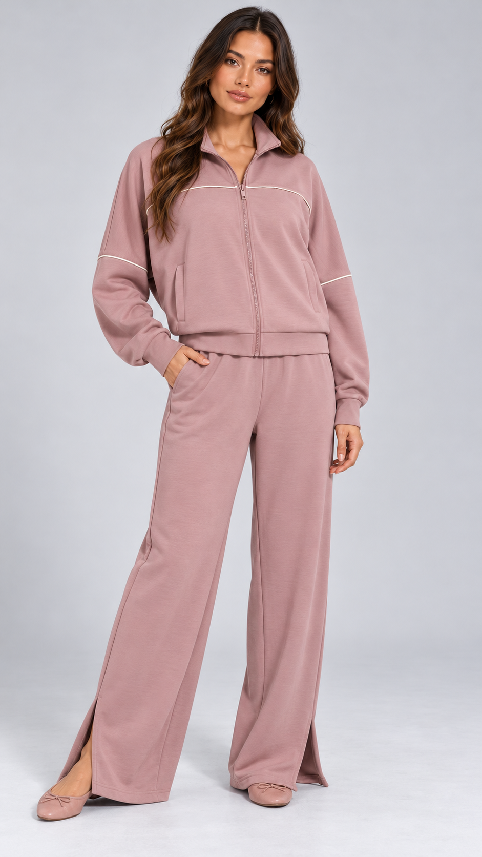 Henna Split-Hem Lounge Set — Dusty Rose model front