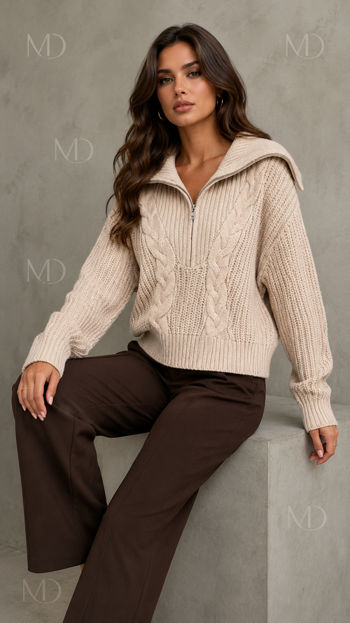 Elise Cable Zip Sweater khaki on model