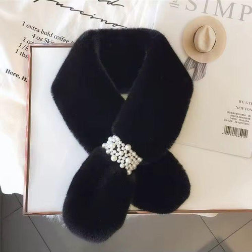 Faux Fur Scarf Cross Neck Pearl Detail