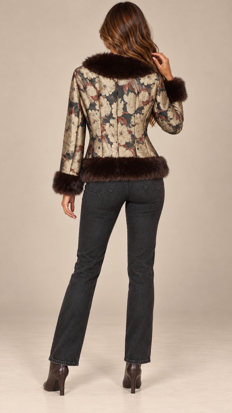 Theda Jacquard Fur-Trim Jacket — Gallery model back