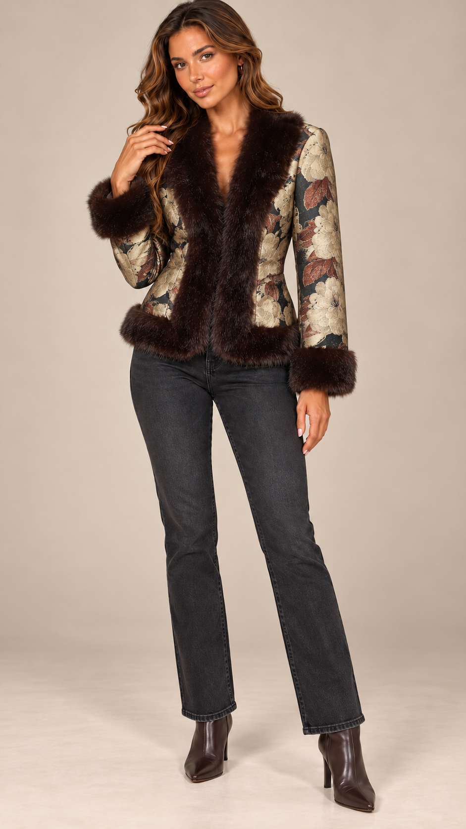 Theda Jacquard Fur-Trim Jacket — Gallery model front