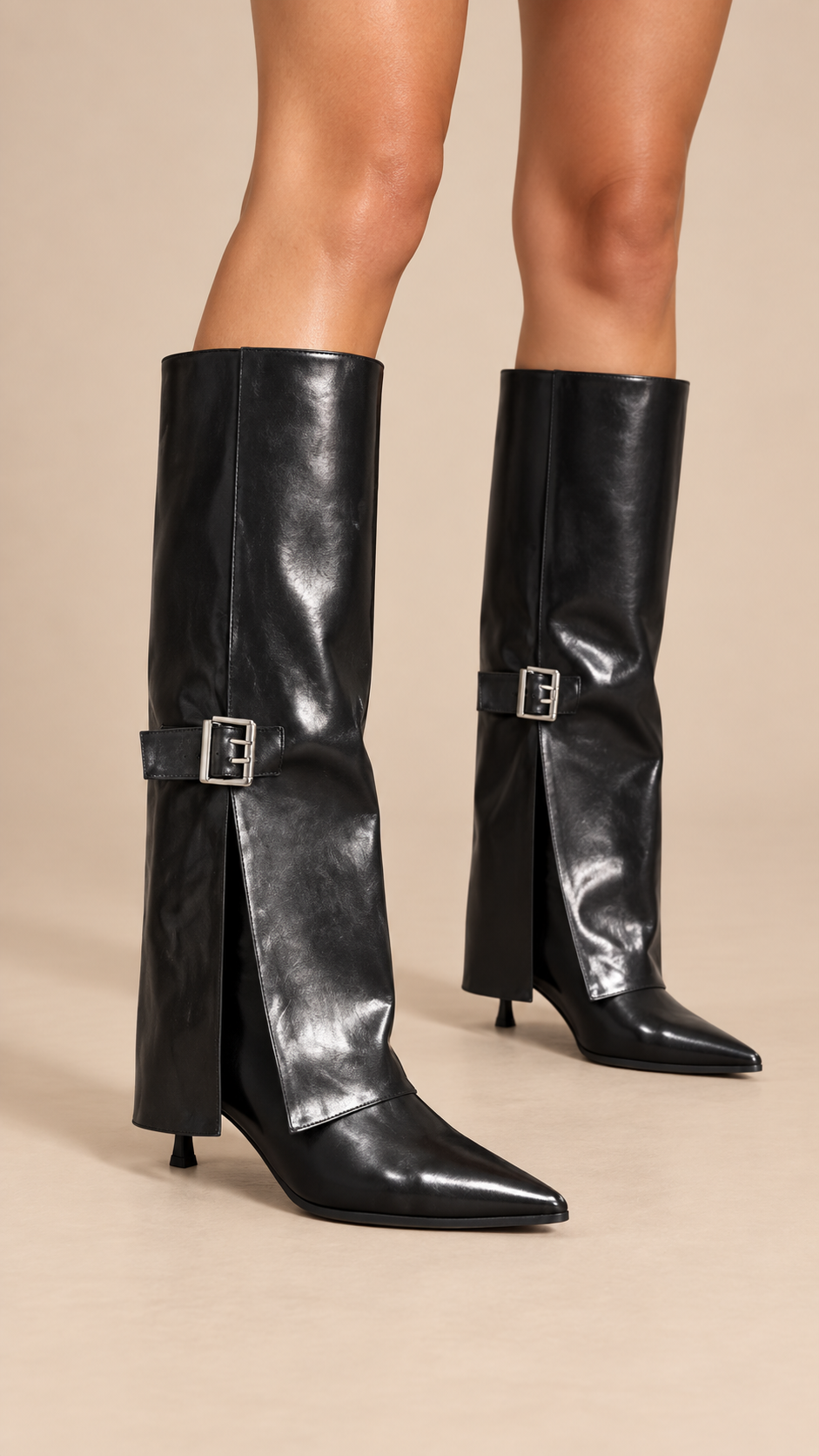 Dara Foldover Knee Boots — Gloss black worn closeup