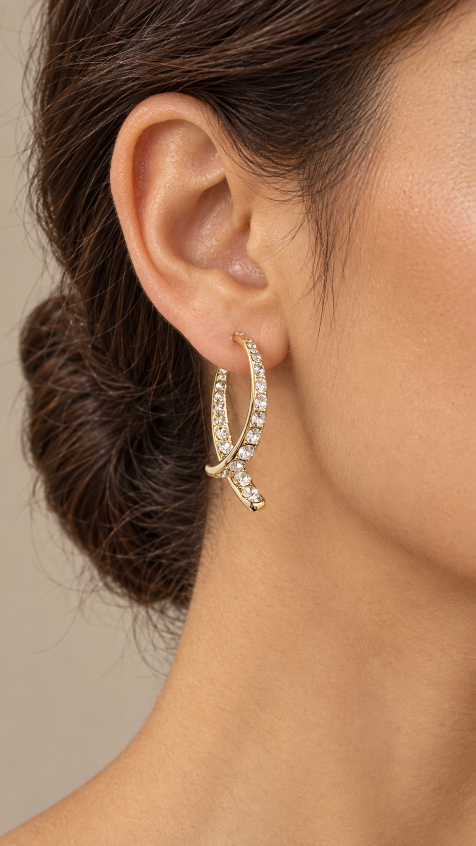Noemi Pave Crossover Hoops — Gold Crystal worn closeup