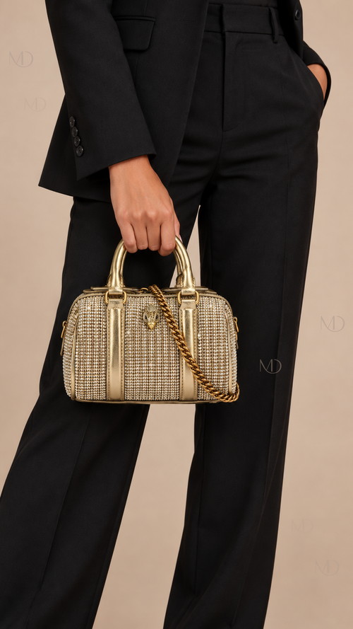 Vesper Crystal Mini Bowling Bag — Gold model closeup